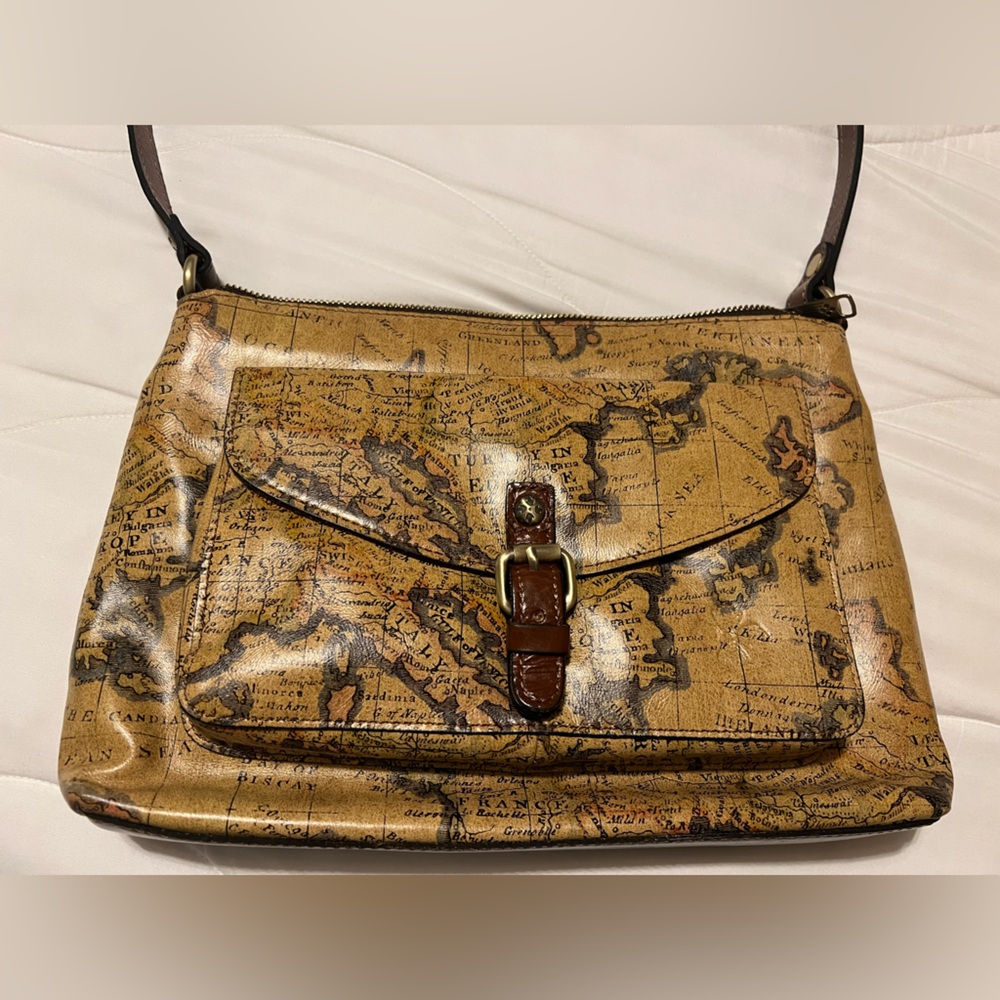 Patricia Nash Map-Print Leather Messenger Bag in Tan and Brown